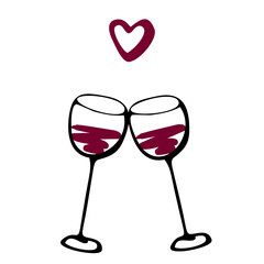Vector doodle hand drawn sketch black and red illustration of two wine glasses couple love drink on white background. Valentines day postcard, anniversary greeting card