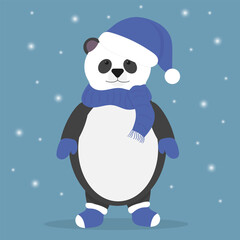 Panda wearing a santa claus hat. Teddy bear in mittens and socks. Blue hat of Santa Claus. Winter illustration