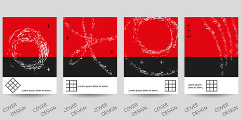 Abstract minimal geometric backgrounds set. Red, black and white geometric pattern with  brush strokes . For printing on covers, banners, sales, flyers. Modern design. Vector. EPS10