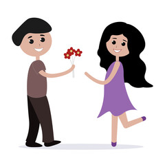 The guy gives the girl flowers. Cheerful childrens illustration. Cartoon couple of lovers isolated on white background. Valentine s Day.