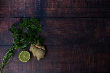 Thai food ingredients on antique wooden table