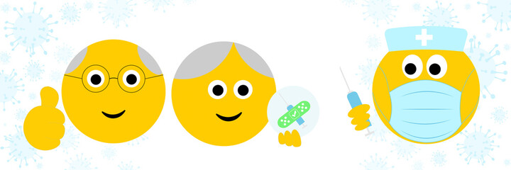 thumbs up Senior emoji getting vaccinated by medical emoji in face mask with vaccine in syringe, flu covid 19 medical vaccination concept