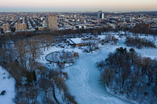 Aerial winter shot of the Lefrak Center in Prospect Park at dusk
