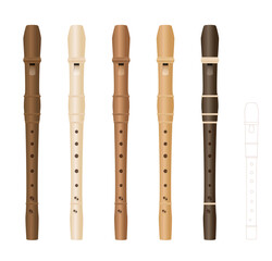 Alto recorders, different wooden textures and colors, realistic three-dimensional music instruments, with smaller soprano recorder by comparison. Isolated vector illustration on white background.
 - obrazy, fototapety, plakaty