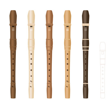 Alto recorders, different wooden textures and colors, realistic three-dimensional music instruments, with smaller soprano recorder by comparison. Isolated vector illustration on white background.
