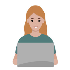 Happy girl sits at a laptop. Work online. Online education. .