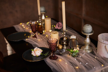 Romantic or Wedding dinner setup or Holiday table setting