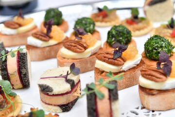 Catering. Colorful meat snacks with bread fruits and vegetables on a white plate.
