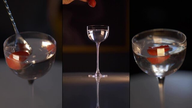 making a cocktail with strawberry and alcohol in night club at a bar in slow motion, triptych video