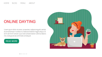 Vector flat illustration landing page or template woman online dayting. Celebrates valentine's day, drinking wine and have virtual meeting.