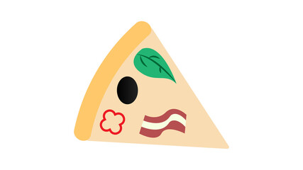 slice of pizza on thin crust, white background, illustration. pizza stuffed with meat, mushrooms, cheese, olives. Italian pizza, triangular slice, quick bite. appetizing fast food
