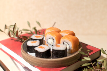 Assorted sushi set at home. Sushi background. Asian or Japanese food