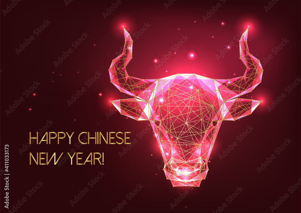 Wall mural Futuristic Chinese New Year greeting card template with glowing golden low poly ox horoscope sign