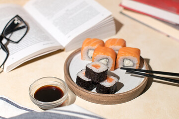 Assorted sushi set at home. Sushi background. Asian or Japanese food