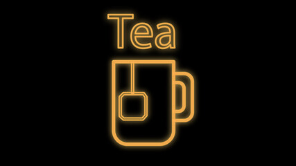 mug of tea with a tea bag inside on a black background, illustration, neon. tea with a disposable tea bag. neon sign in orange. bright signboard with the inscription tea for a coffee shop
