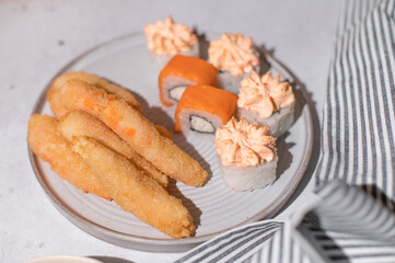 Japanese sushi rolls served on plate