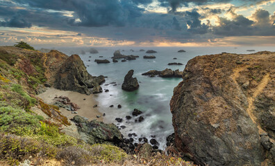 Beautiful landscape, rocks and ocean views along the Pacific Highway in northern California.