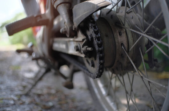 Close Up Details Of The Motorcycle Chain From Behind