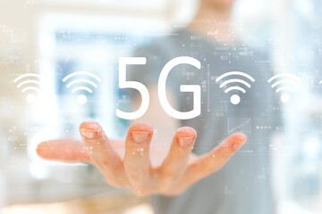 5G network with young man holding his hand
