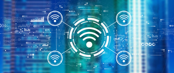 Wifi theme with downtown skyline buildings in the night