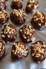 Dried apricots in chocolate sprinkled with nuts.
