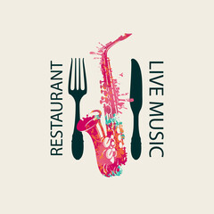Vector menu or banner in retro style for restaurant with live music decorated with fork, knife and abstract saxophone with bright paint spots on a light background