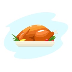 
Fried chicken on a plate with herbs and vegetables. Color realistic illustration isolated on white background.