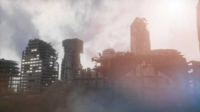 destroyed post-apocalyptic city after war and earthquake render 3d 