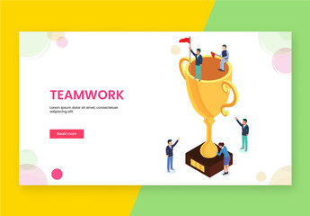Isometric Design for Teamwork Concept Based Landing Page with Business People Cheering Colleague to Achieve the Goal.