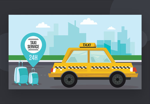 24 Hours Traveling Taxi Service Concept Based Web Template with Isometric Taxi Cab, Luggage Bag and Urban View.