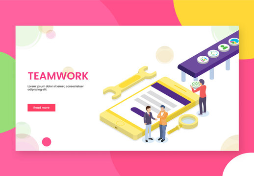 Isometric Illustration of Business People Maintain Mobile Data with Repairing Tool for Teamwork Concept Based Landing Page.