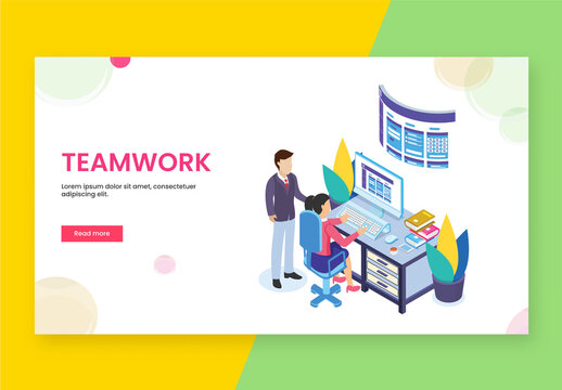 Isometric View of Business People Working Together at Workplace for Teamwork Concept Based Landing Page.