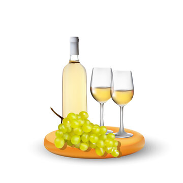 photorealistic composition on a white background, a bottle of wine, a glass of wine, grapes on a white background