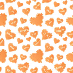 Cute seamless pattern of cookies in the form of hearts for Valentine's Day with text. Stock vector illustration. Can be used as a print for wrapping paper, for fabric, festive love texture