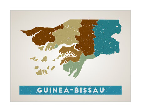 Guinea-Bissau map. Country poster with regions. Old grunge texture. Shape of Guinea-Bissau with country name. Appealing vector illustration.