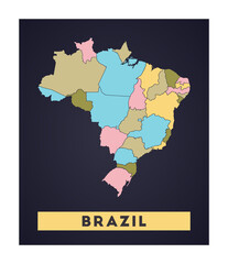Brazil map. Country poster with regions. Shape of Brazil with country name. Awesome vector illustration.