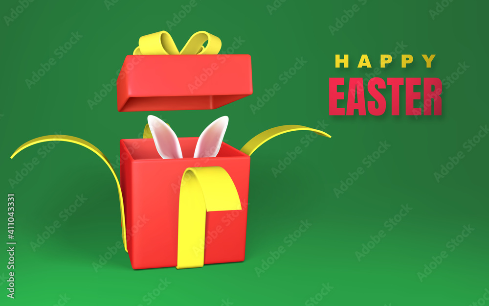 Wall mural happy easter day background with open red gift box with yellow bow and ribbon isolated on green back