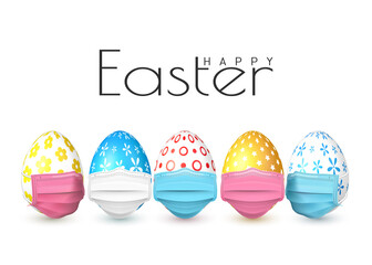 Happy Easter. Color Easter egg in medical face mask on white background. Vector illustration