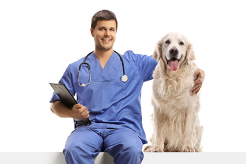 Veterinarian doc in a blue uniform sitting on a white panel and hugging a retriever