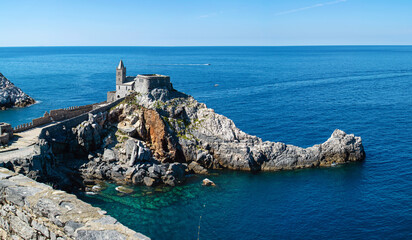 Fototapeta premium Panoramic landscape of San Pietro Church and cliff. Portovenere, Liguria, Italy