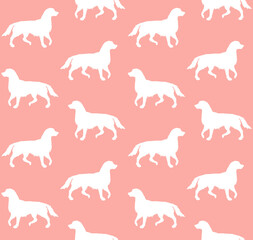 Vector seamless pattern of white hand drawn retriever dog silhouette isolated on pink background