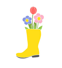 Vector hand drawn doodle sketch yellow gumboot with flowers isolated on white background