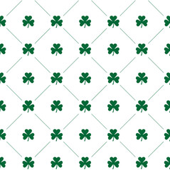 Vector seamless pattern of green Ireland clover shamrock isolated on white background