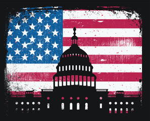 United States Capitol Building Silhouette over Grunge American Flag patriotic symbol freedom rights Congress - obrazy, fototapety, plakaty