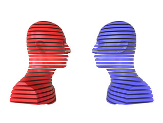 3D abstract illustration. Two people opposite each other isolated on white background. Minimal concept