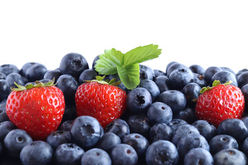 fresh blueberries and strawberries on a white background, fruits