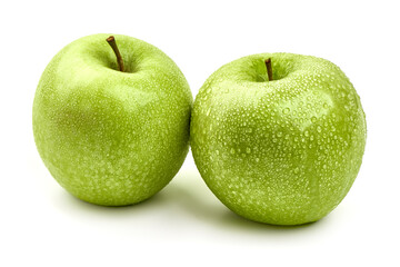 Fresh granny smith apples with water drops, isolated on white background