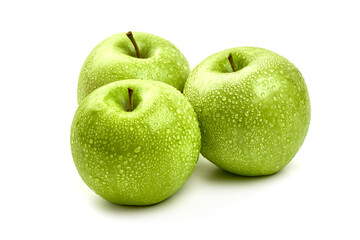 Fresh granny smith apples with water drops, isolated on white background