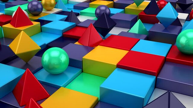 Background of Geometric Shapes. Abstract motion, loop, 3d rendering, 4k resolution
