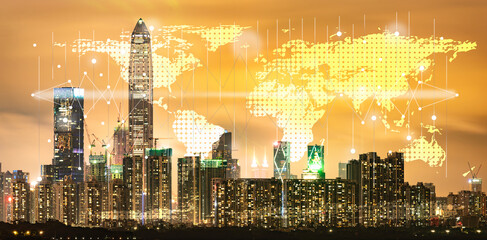 Shenzhen, China sunset scenery, skyline building city, concept of digital online worldwide business and urban city international connection market term, Elements of this image furnished by NASA